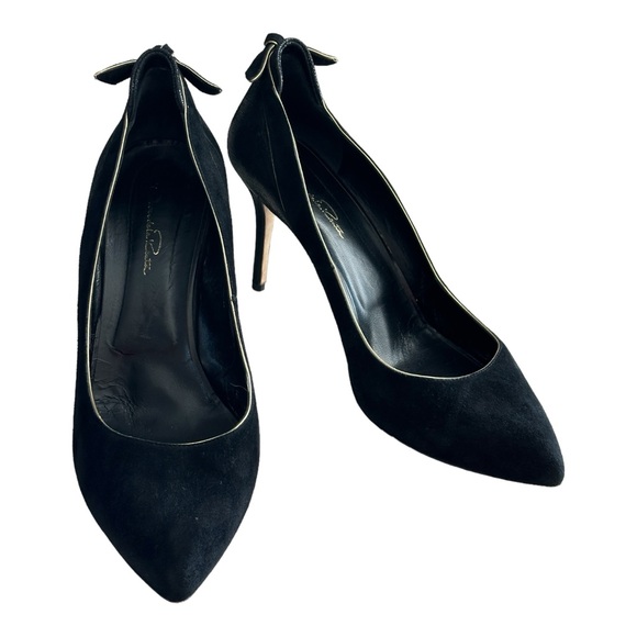 Oscar de la Renta Suede Leather Pumps Heels Bow Accent Black Size 41 EU/10 US - Picture 8 of 12